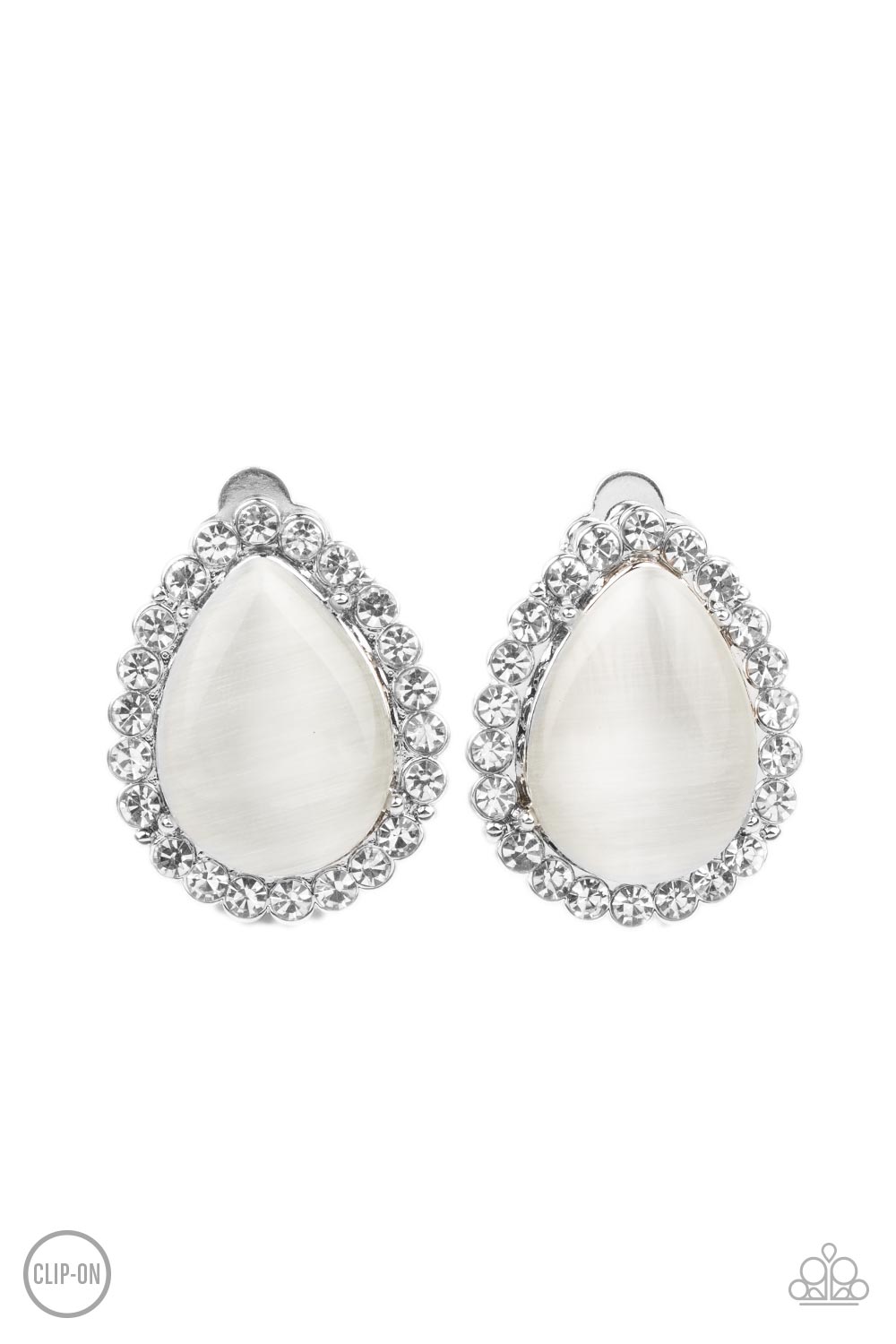 Downright Demure White Cat&#39;s Eye Clip On Earrings - Paparazzi Accessories- lightbox - CarasShop.com - $5 Jewelry by Cara Jewels
