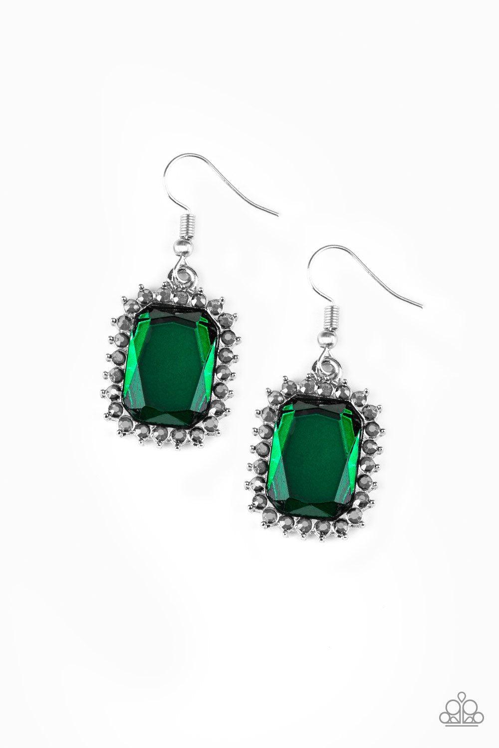 Downtown Dapper Green Rhinestone Earrings - Paparazzi Accessories-CarasShop.com - $5 Jewelry by Cara Jewels