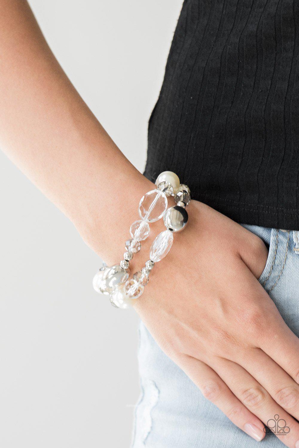 Downtown Dazzle Silver and White Bracelet Set - Paparazzi Accessories-CarasShop.com - $5 Jewelry by Cara Jewels