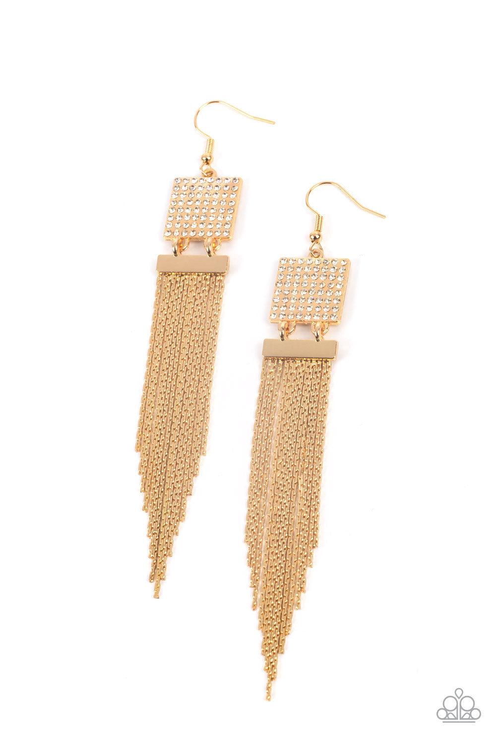 Dramatically Deco Gold Earrings - Paparazzi Accessories- lightbox - CarasShop.com - $5 Jewelry by Cara Jewels