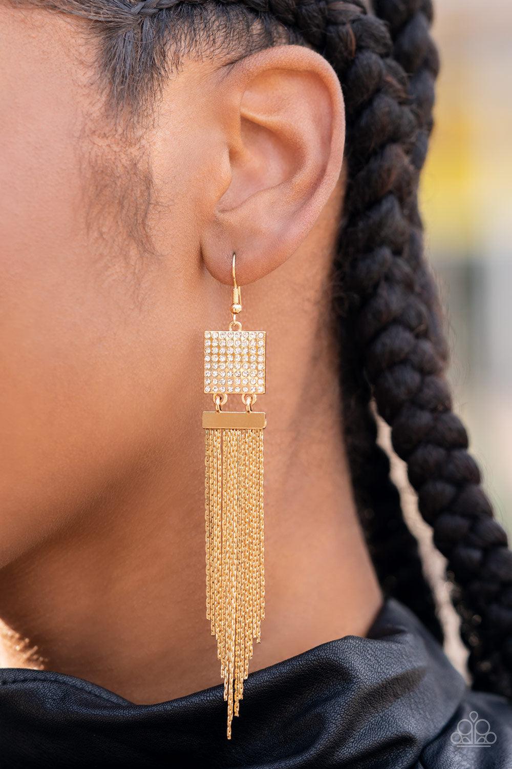 Dramatically Deco Gold Earrings - Paparazzi Accessories-on model - CarasShop.com - $5 Jewelry by Cara Jewels