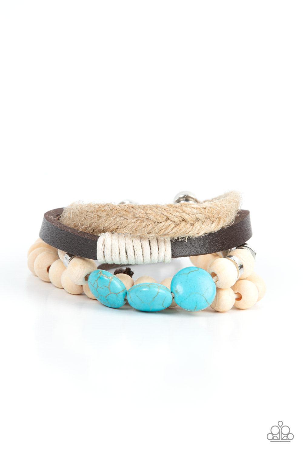 DRIFTER Away Turquoise Blue Stone &amp; White Wood Urban Bracelet - Paparazzi Accessories- lightbox - CarasShop.com - $5 Jewelry by Cara Jewels