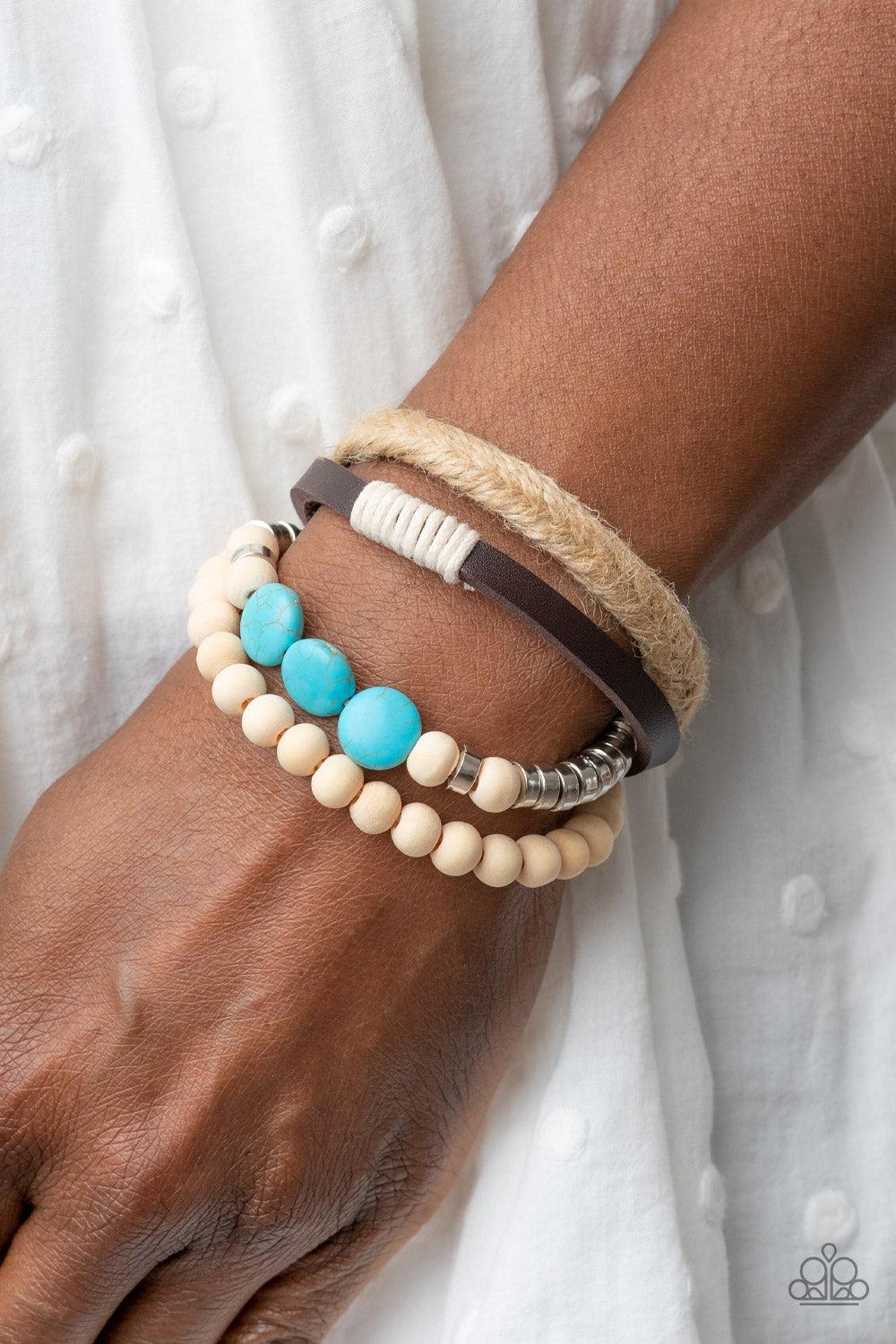 DRIFTER Away Turquoise Blue Stone &amp; White Wood Urban Bracelet - Paparazzi Accessories-on model - CarasShop.com - $5 Jewelry by Cara Jewels