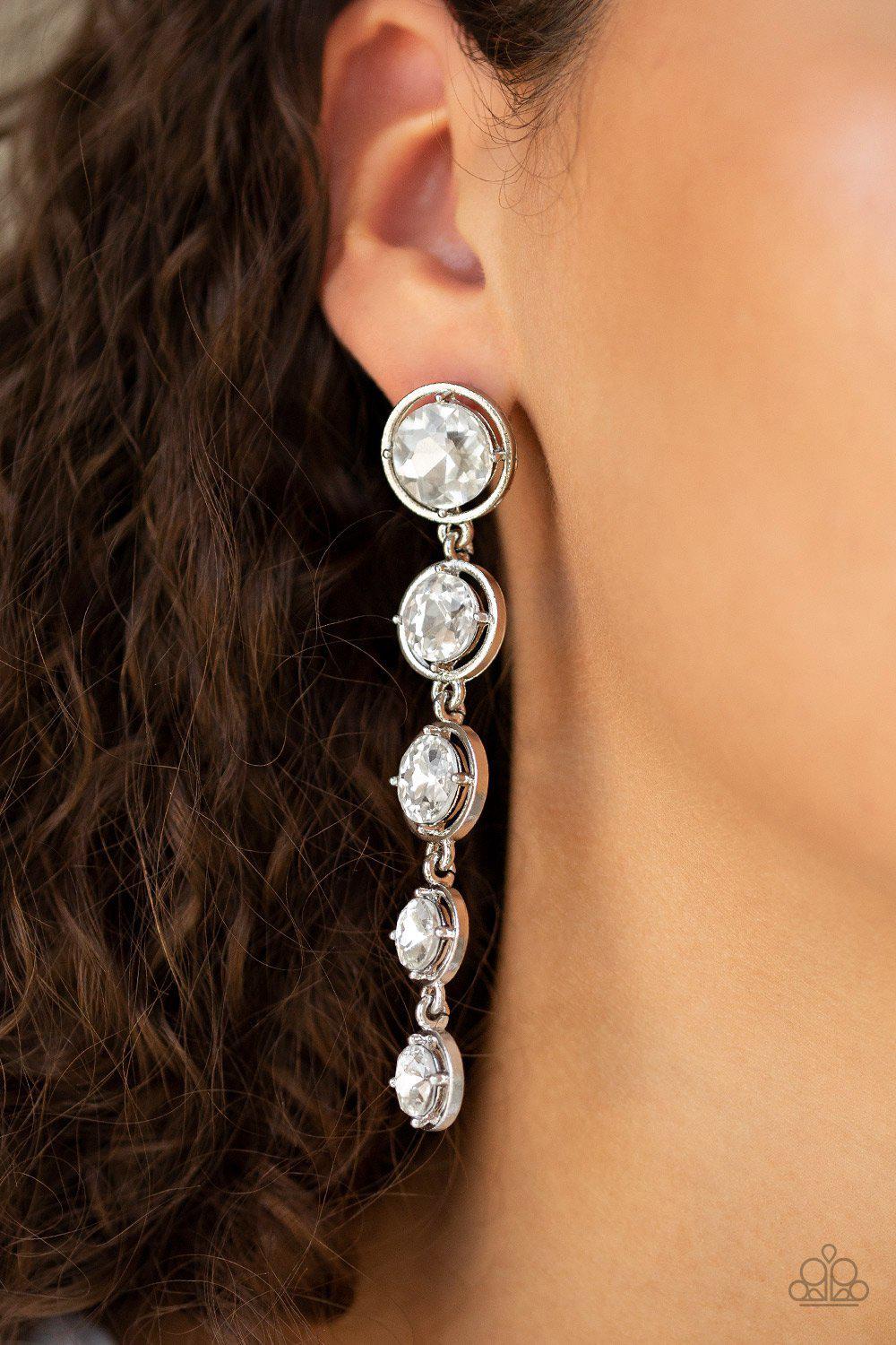 Drippin In Starlight White Rhinestone Earrings - Paparazzi Accessories-CarasShop.com - $5 Jewelry by Cara Jewels