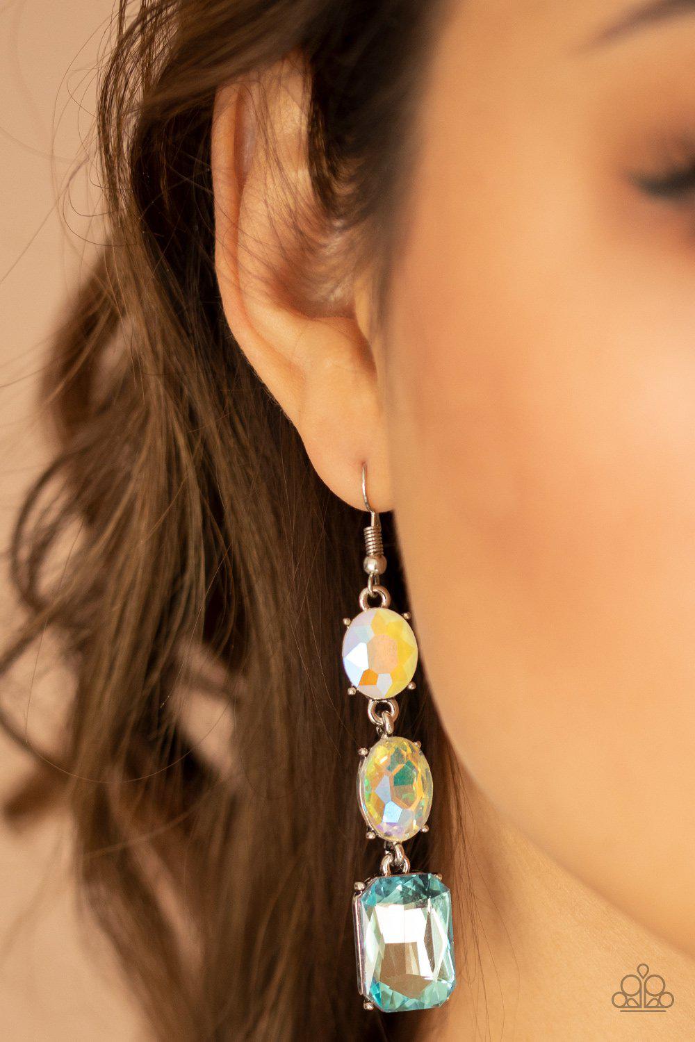Dripping In Melodrama Blue Iridescent Rhinestone Earrings - Paparazzi Accessories - model -CarasShop.com - $5 Jewelry by Cara Jewels