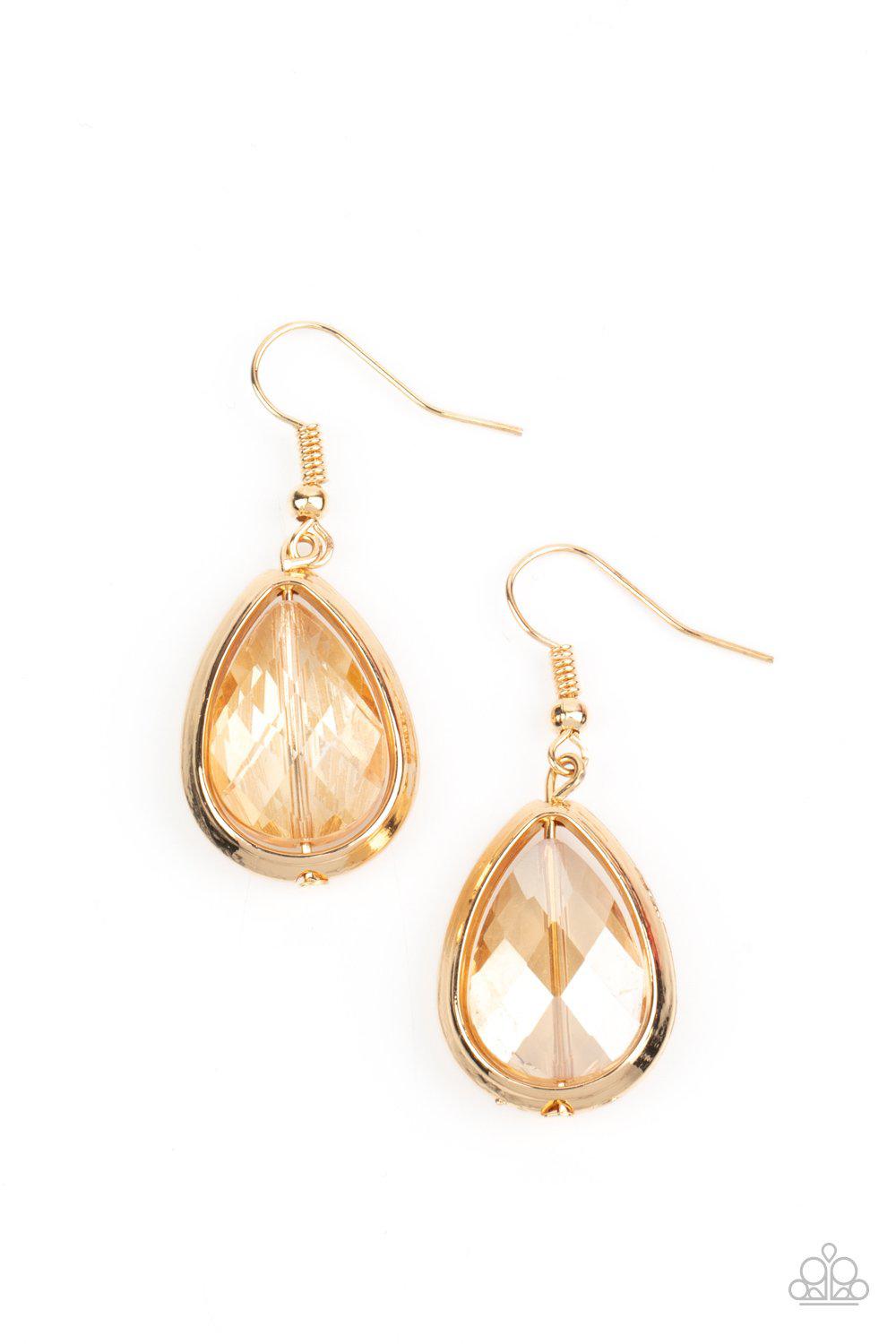 Drop-Dead Duchess Gold Rhinestone Earrings - Paparazzi Accessories- lightbox - CarasShop.com - $5 Jewelry by Cara Jewels
