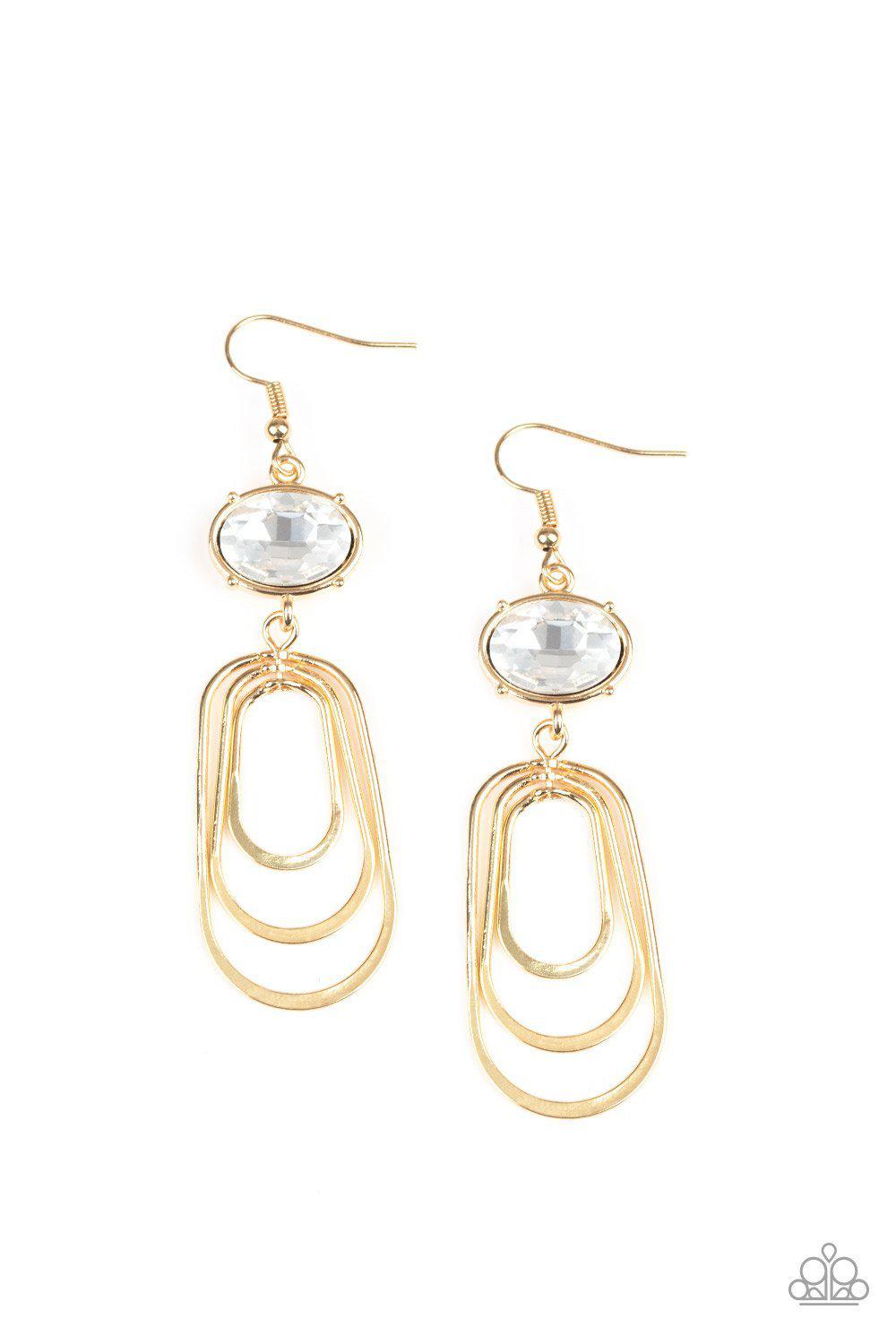 Drop-Dead Glamorous Gold and White Rhinestone Earrings - Paparazzi Accessories - lightbox -CarasShop.com - $5 Jewelry by Cara Jewels