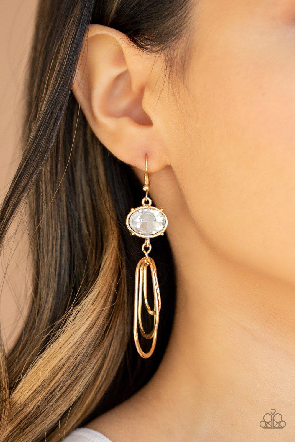 Drop-Dead Glamorous Gold and White Rhinestone Earrings - Paparazzi Accessories - model -CarasShop.com - $5 Jewelry by Cara Jewels