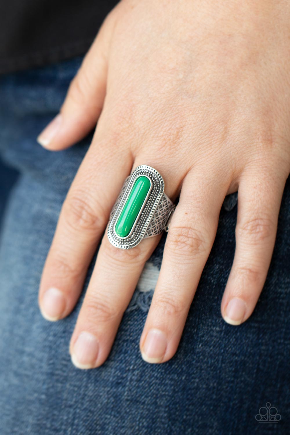 Dubai Distraction Green Ring - Paparazzi Accessories-on model - CarasShop.com - $5 Jewelry by Cara Jewels