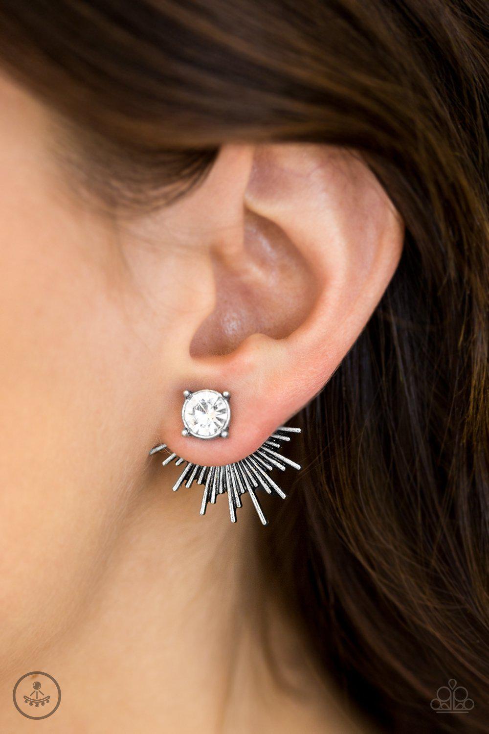Dynamic Silver and White Rhinestone Double-sided Post Earrings - Paparazzi Accessories-CarasShop.com - $5 Jewelry by Cara Jewels