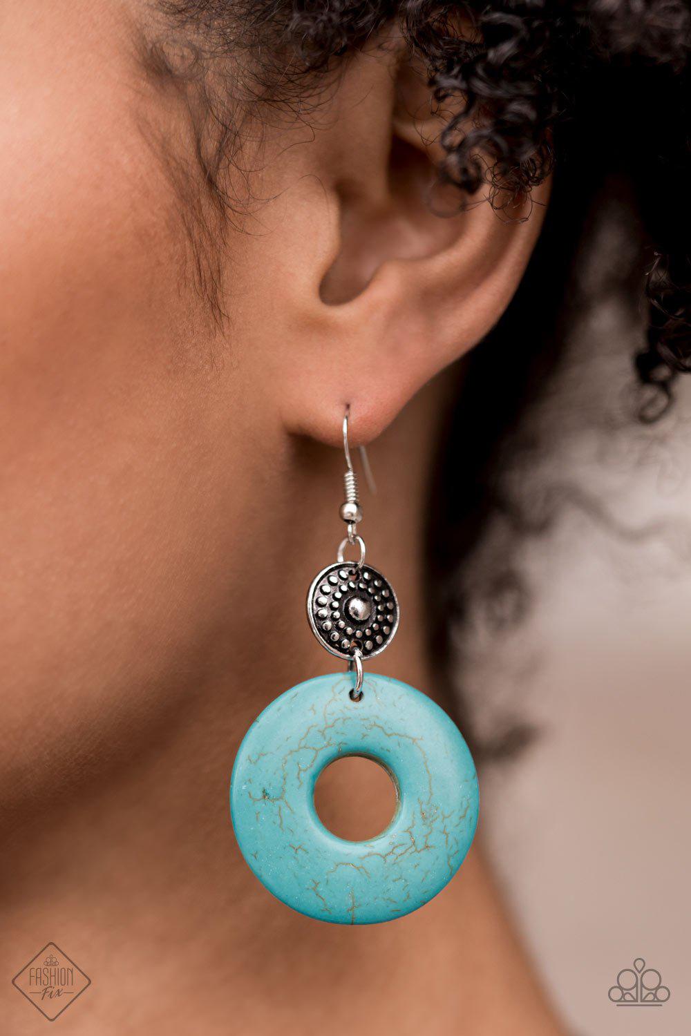 Earthly Epicenter Turquoise Blue and Silver Earrings - Paparazzi Accessories- model - CarasShop.com - $5 Jewelry by Cara Jewels
