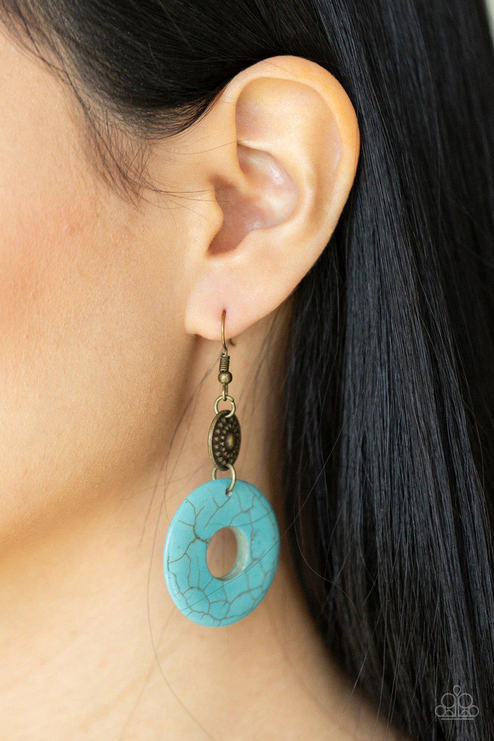 Earthy Epicenter Brass Earrings - Paparazzi Accessories- on model - CarasShop.com - $5 Jewelry by Cara Jewels