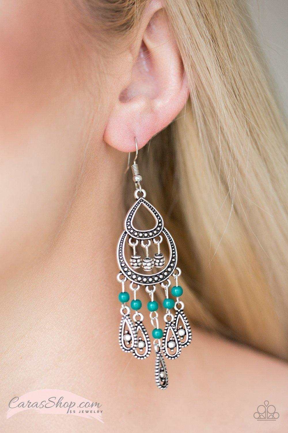 Eastern Excursion - Green and Silver Earrings - Paparazzi Accessories-CarasShop.com - $5 Jewelry by Cara Jewels
