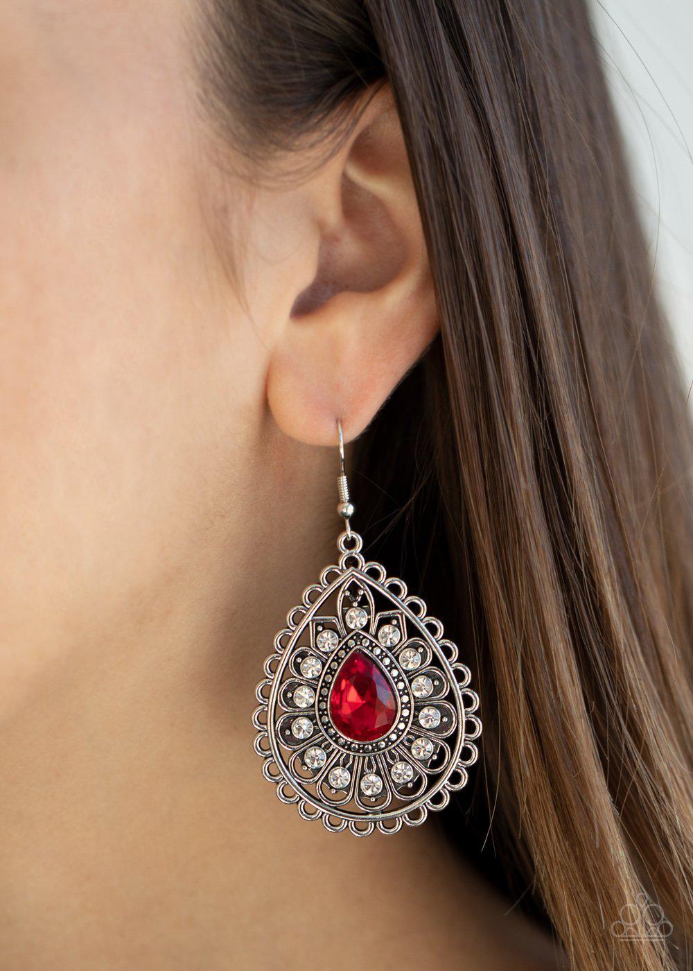 Eat, Drink, and BEAM Merry Red Rhinestone Earrings - Paparazzi Accessories-CarasShop.com - $5 Jewelry by Cara Jewels