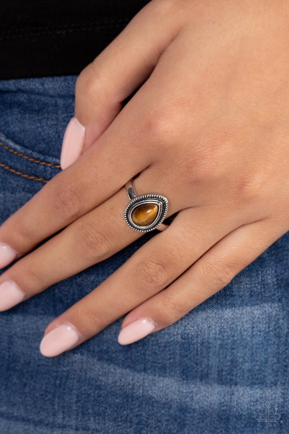 Eco Elements Brown Tiger&#39;s Eye Stone Ring - Paparazzi Accessories-on model - CarasShop.com - $5 Jewelry by Cara Jewels