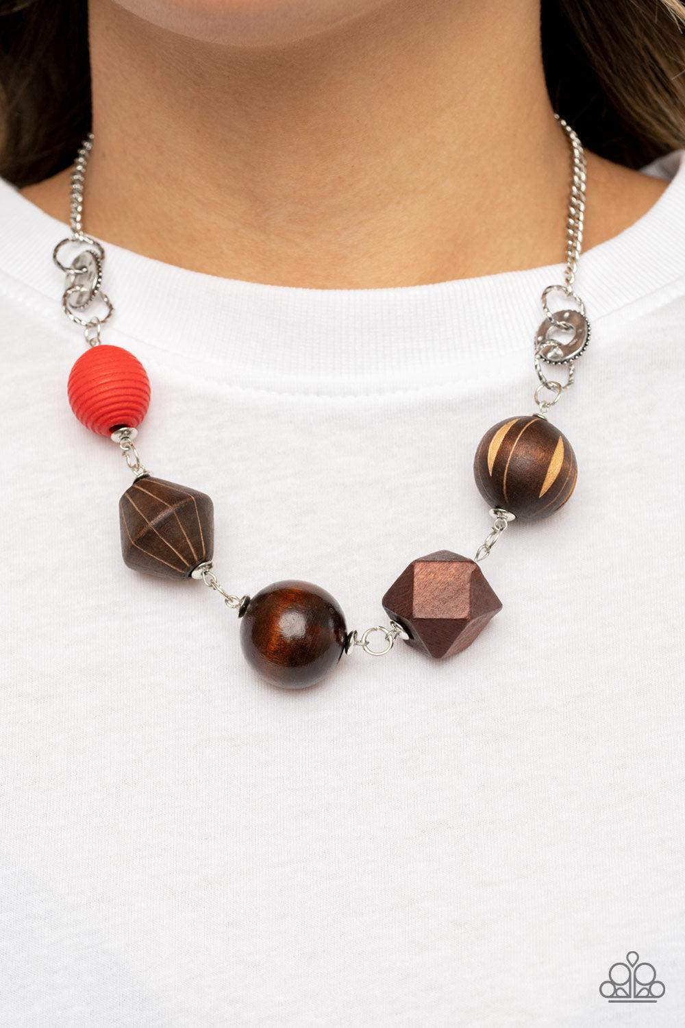 Eco Extravaganza Red &amp; Brown Wood Necklace - Paparazzi Accessories-on model - CarasShop.com - $5 Jewelry by Cara Jewels