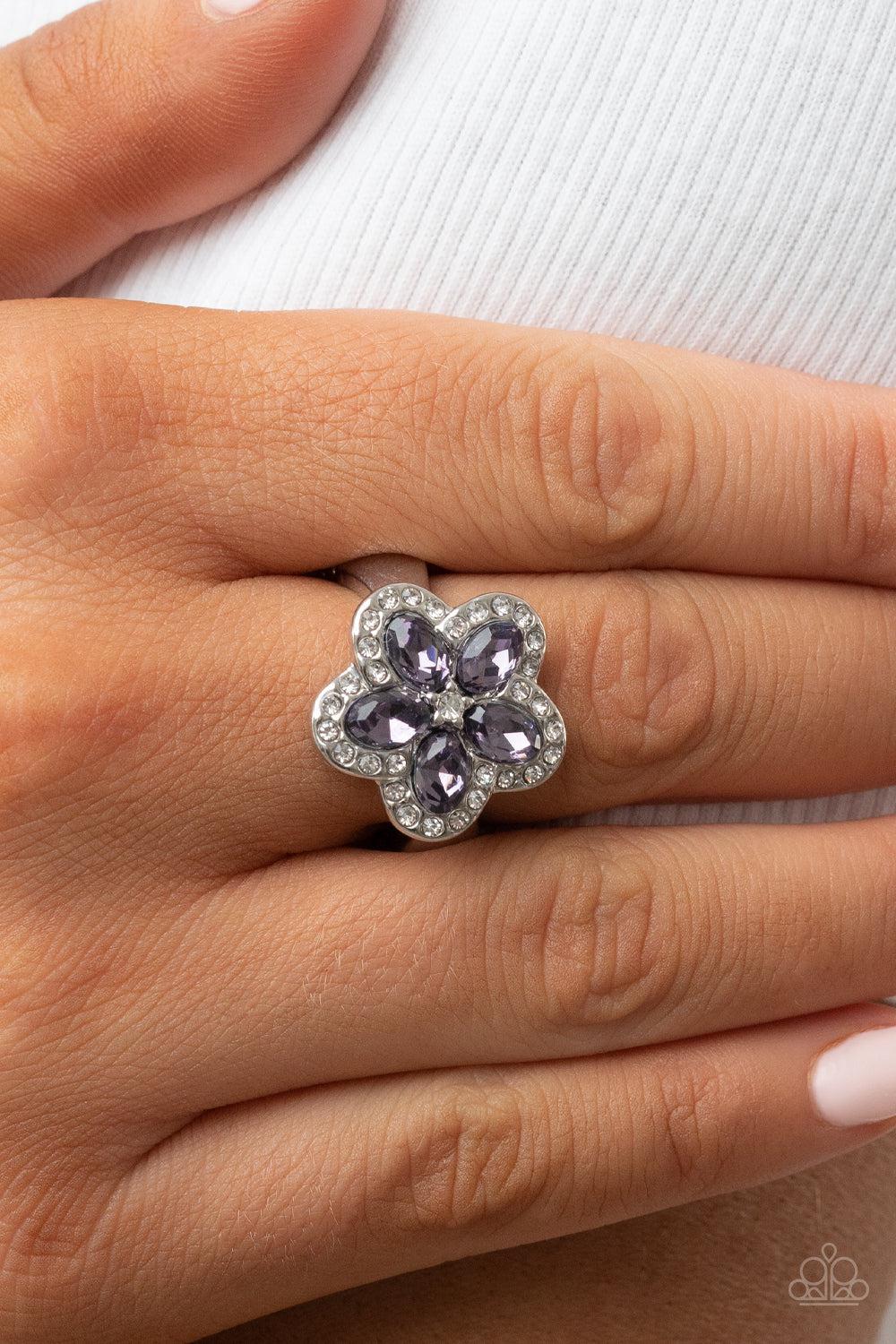 Efflorescent Envy Purple Rhinestone Flower Ring - Paparazzi Accessories-on model - CarasShop.com - $5 Jewelry by Cara Jewels