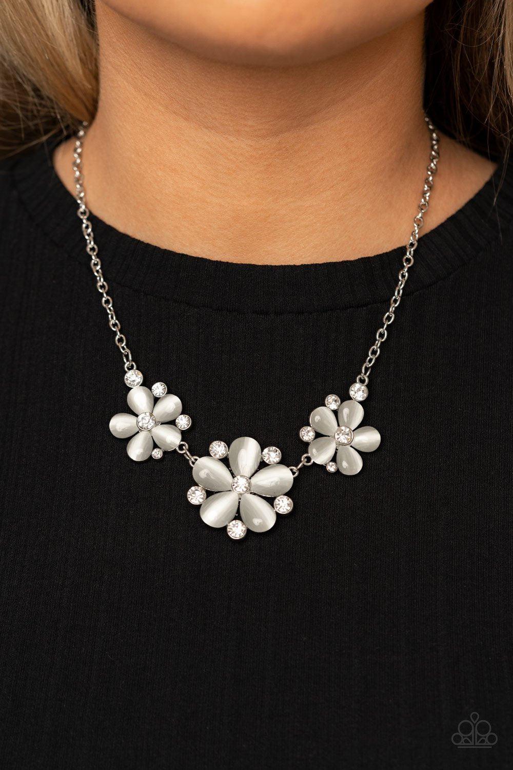 Effortlessly Efflorescent White Cat&#39;s Eye Stone Flower Necklace - Paparazzi Accessories - model -CarasShop.com - $5 Jewelry by Cara Jewels