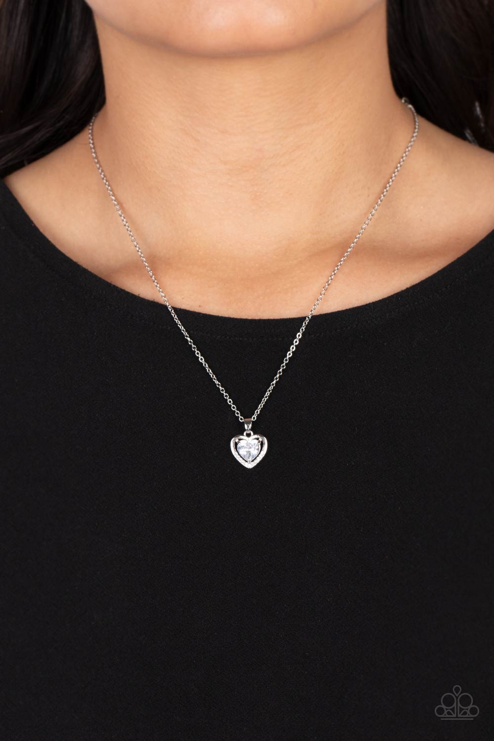 Effulgently Engaged White Rhinestone Heart Necklace - Paparazzi Accessories-on model - CarasShop.com - $5 Jewelry by Cara Jewels