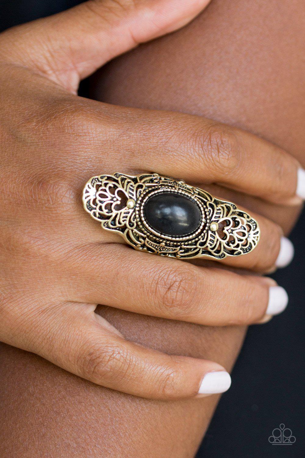 Ego Trippin&#39; Brass and Black Stone Ring - Paparazzi Accessories- model - CarasShop.com - $5 Jewelry by Cara Jewels