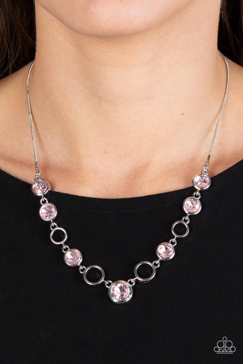 Elegantly Elite Pink Rhinestone Necklace - Paparazzi Accessories-on model - CarasShop.com - $5 Jewelry by Cara Jewels