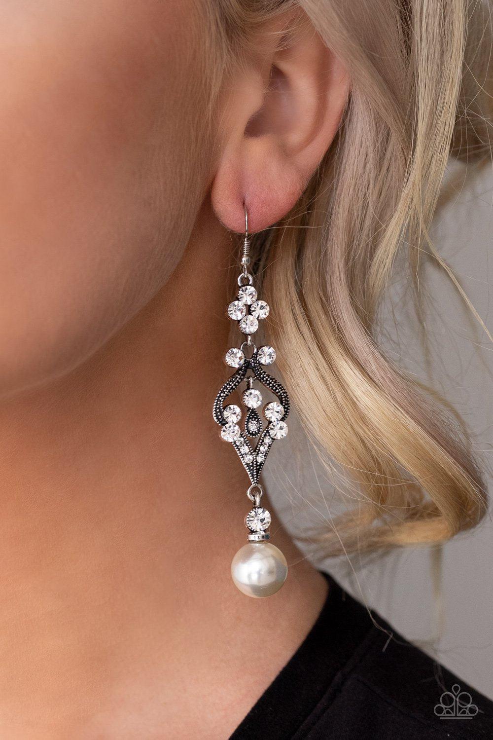 Elegantly Extravagant Ornate Silver and White Pearl Earrings - Paparazzi Accessories Convention Exclusive-CarasShop.com - $5 Jewelry by Cara Jewels