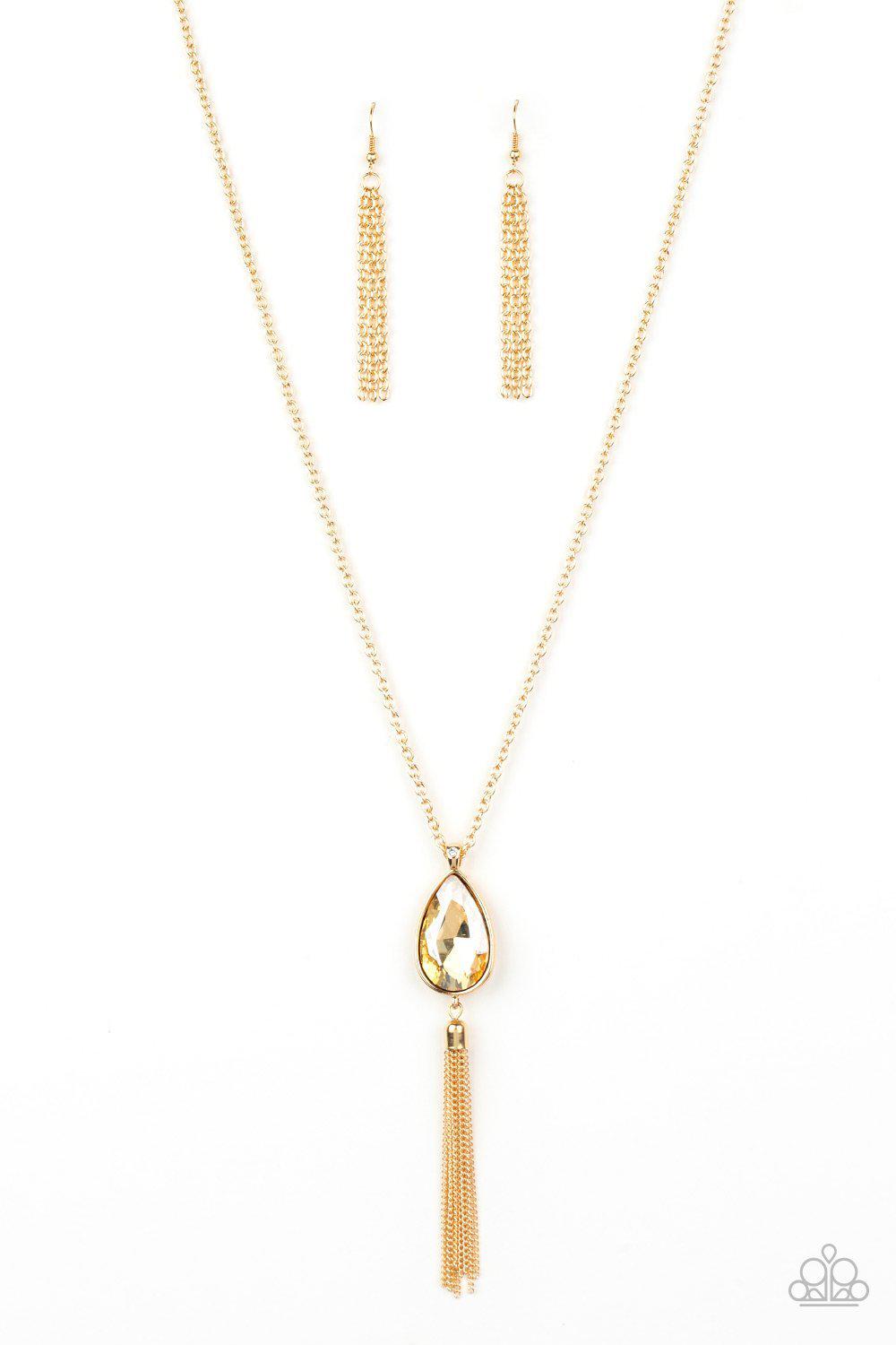Elite Shine Gold Gem and Tassel Necklace - Paparazzi Accessories-CarasShop.com - $5 Jewelry by Cara Jewels