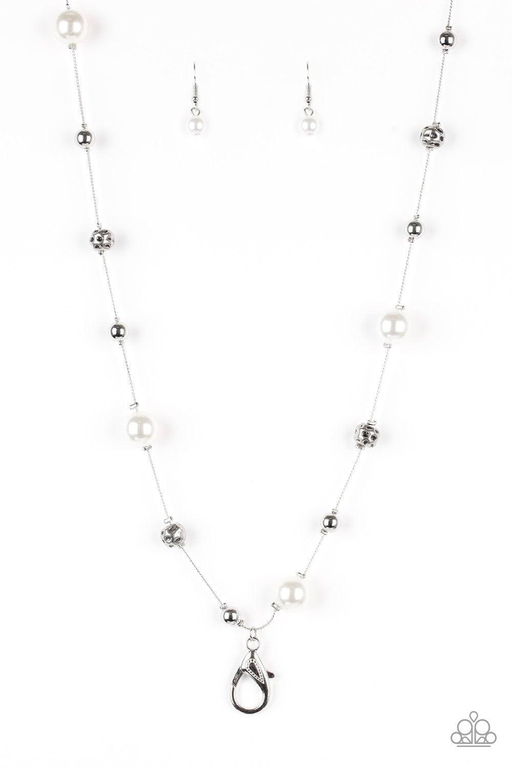 Eloquently Eloquent Silver and White Pearl Lanyard Necklace - Paparazzi Accessories-CarasShop.com - $5 Jewelry by Cara Jewels