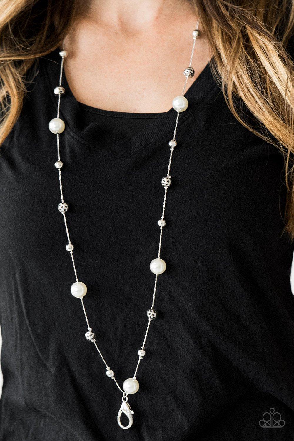 Eloquently Eloquent Silver and White Pearl Lanyard Necklace - Paparazzi Accessories-CarasShop.com - $5 Jewelry by Cara Jewels