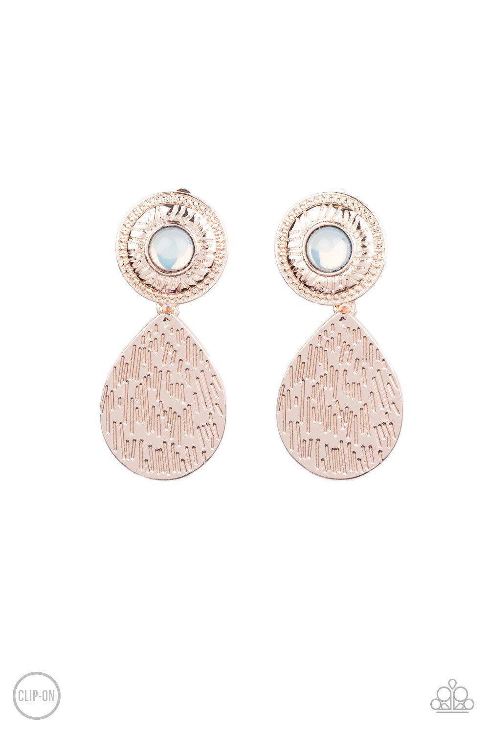 Emblazoned Edge Rose Gold and Opal Clip-On Earrings - Paparazzi Accessories - lightbox -CarasShop.com - $5 Jewelry by Cara Jewels