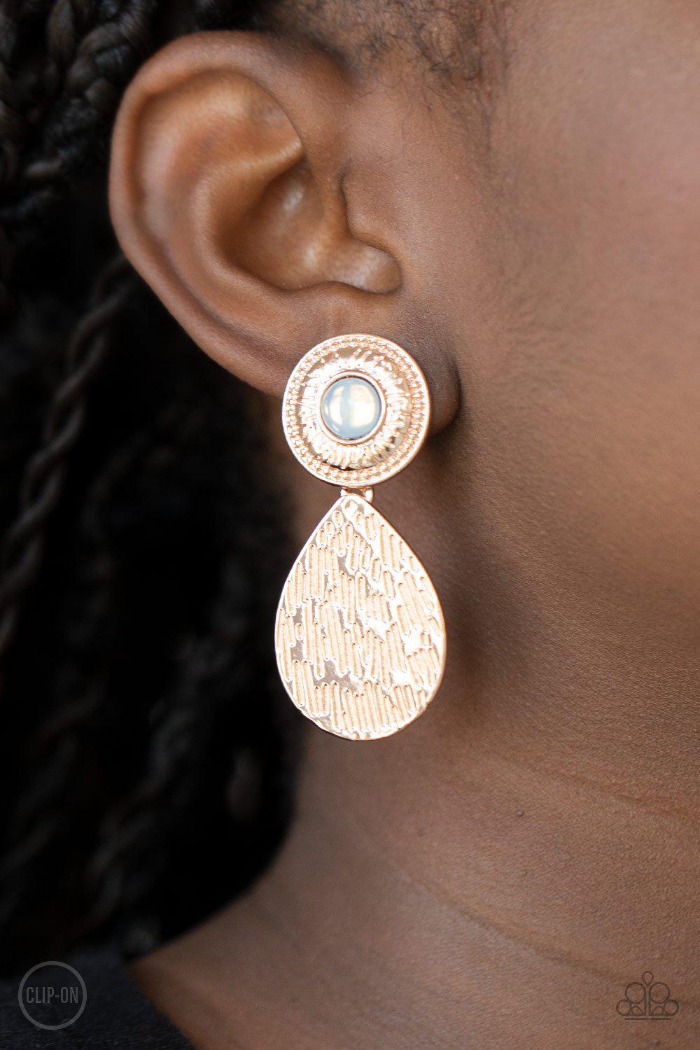 Emblazoned Edge Rose Gold and Opal Clip-On Earrings - Paparazzi Accessories - model -CarasShop.com - $5 Jewelry by Cara Jewels