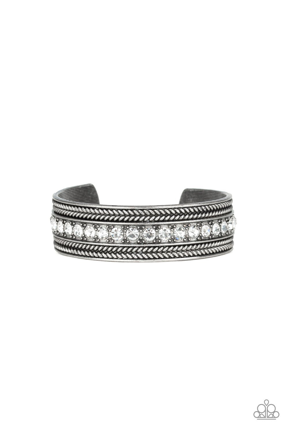 Empress Etiquette White and Silver Cuff Bracelet - Paparazzi Accessories-CarasShop.com - $5 Jewelry by Cara Jewels