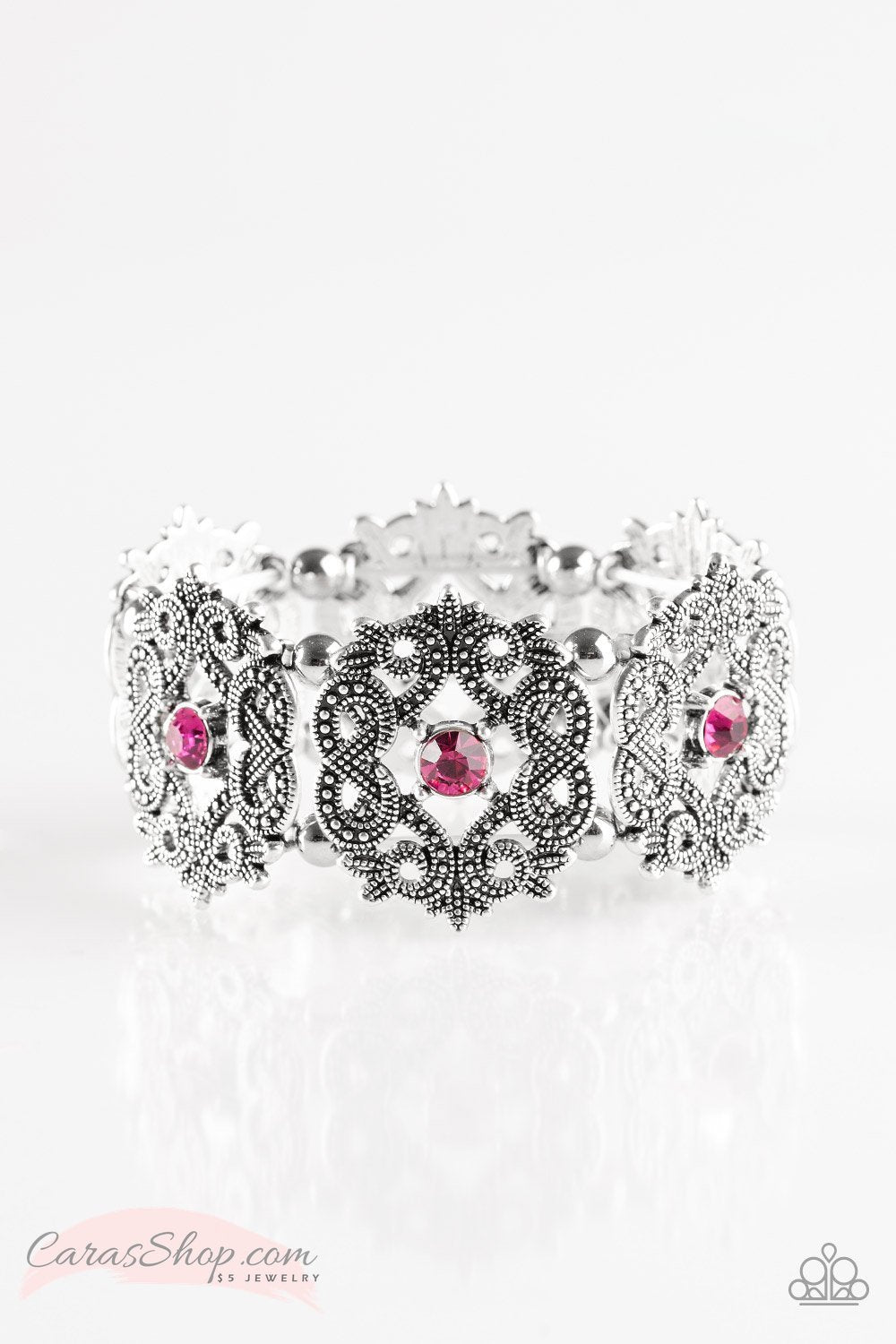 EMPRESS-ive Shimmer Ornate Silver and Pink Stretch Bracelet - Paparazzi Accessories-CarasShop.com - $5 Jewelry by Cara Jewels
