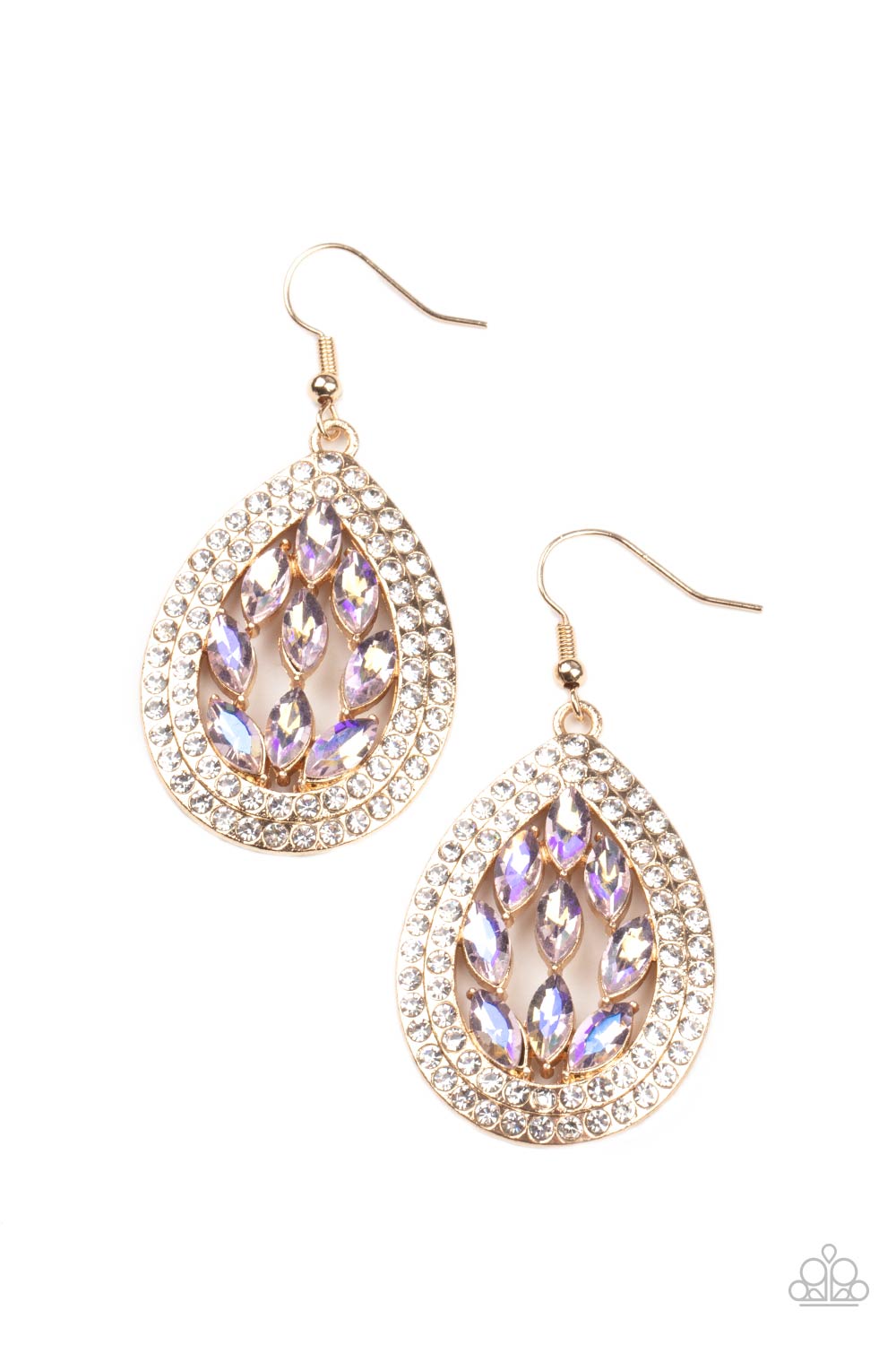 Encased Elegance Gold and Iridescent Rhinestone Earrings - Paparazzi Accessories- lightbox - CarasShop.com - $5 Jewelry by Cara Jewels
