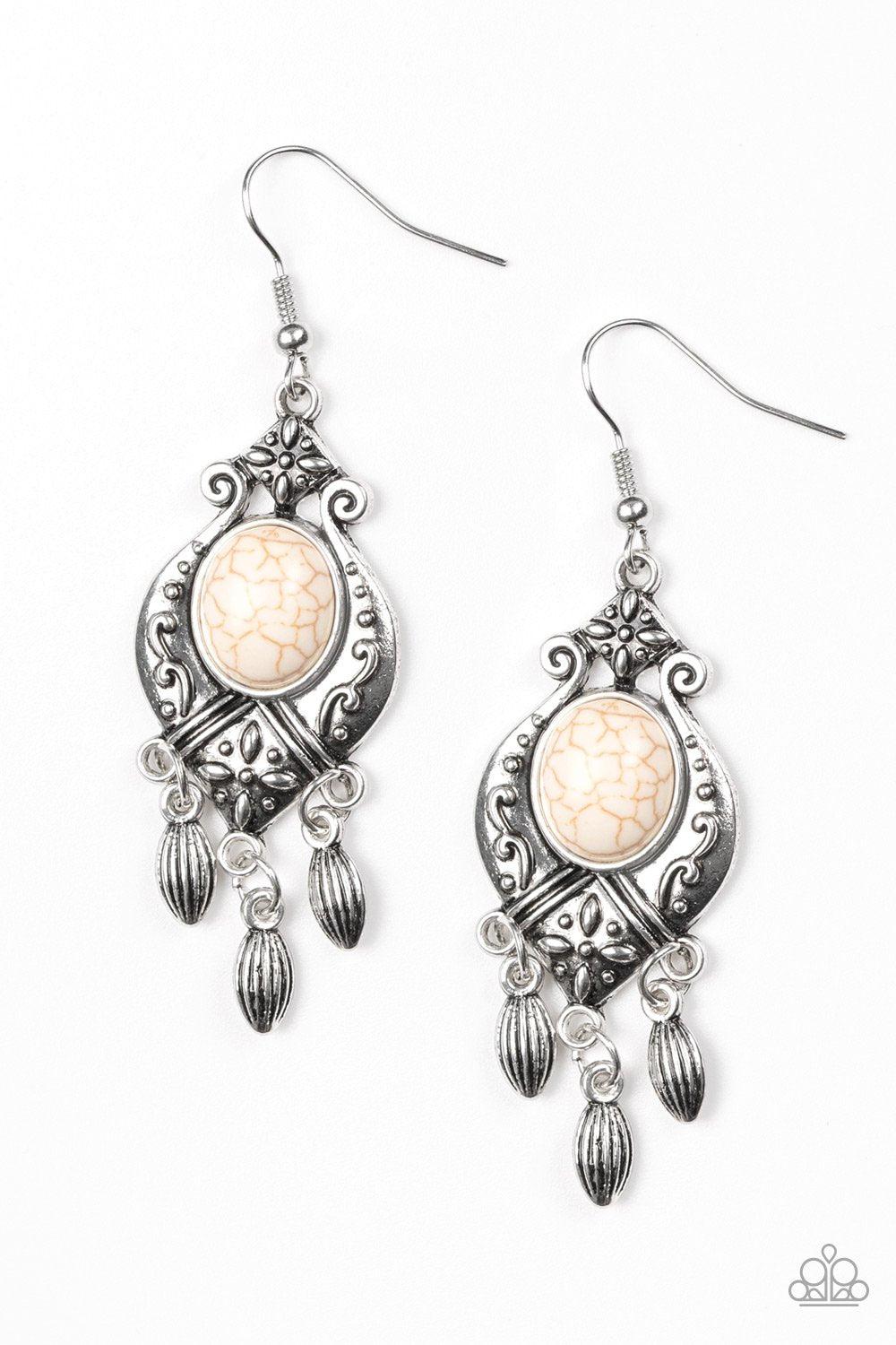 Enchantingly Environmentalist Silver and White Stone Earrings - Paparazzi Accessories-CarasShop.com - $5 Jewelry by Cara Jewels