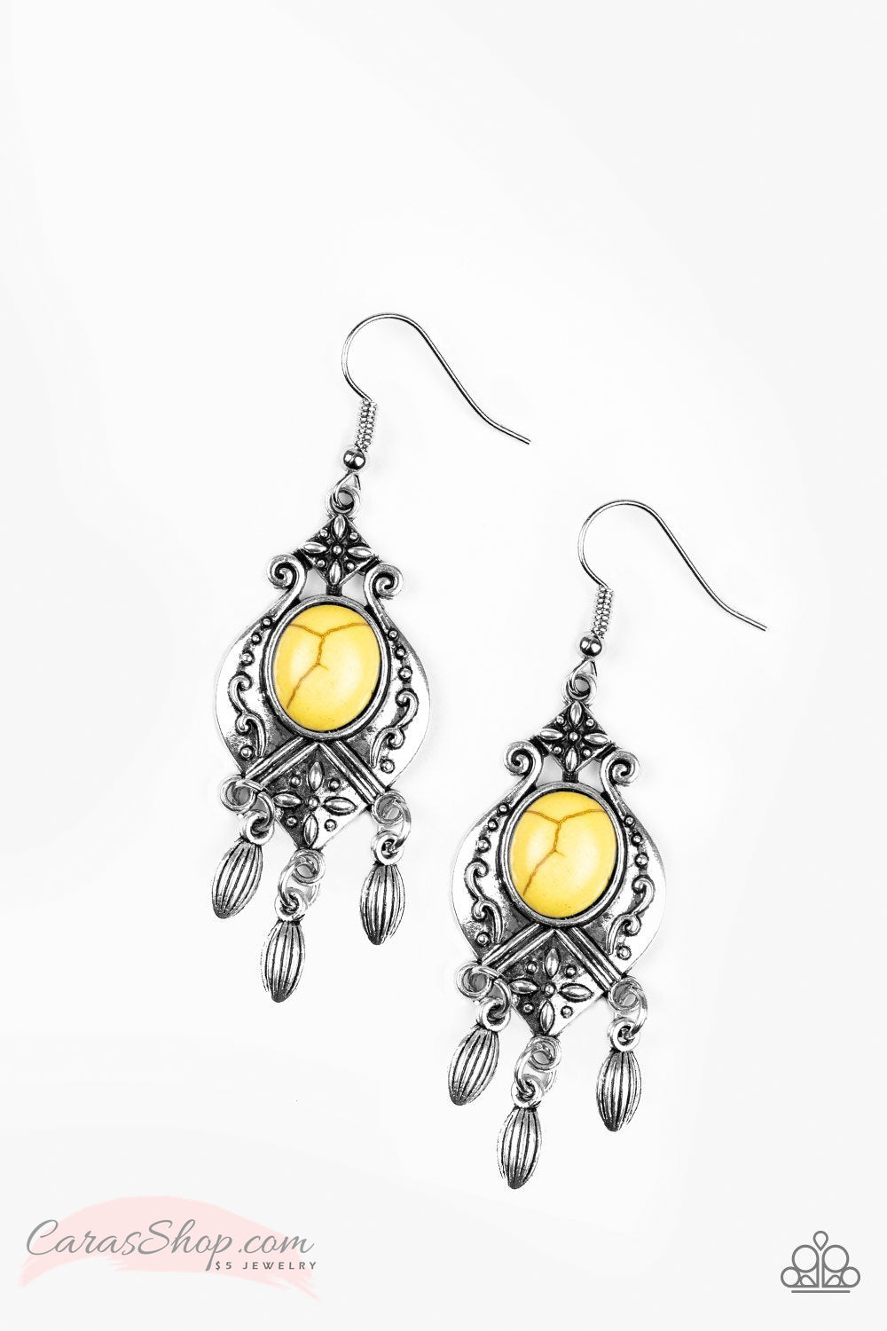 Enchantingly Environmentalist Yellow Stone Earrings - Paparazzi Accessories-CarasShop.com - $5 Jewelry by Cara Jewels