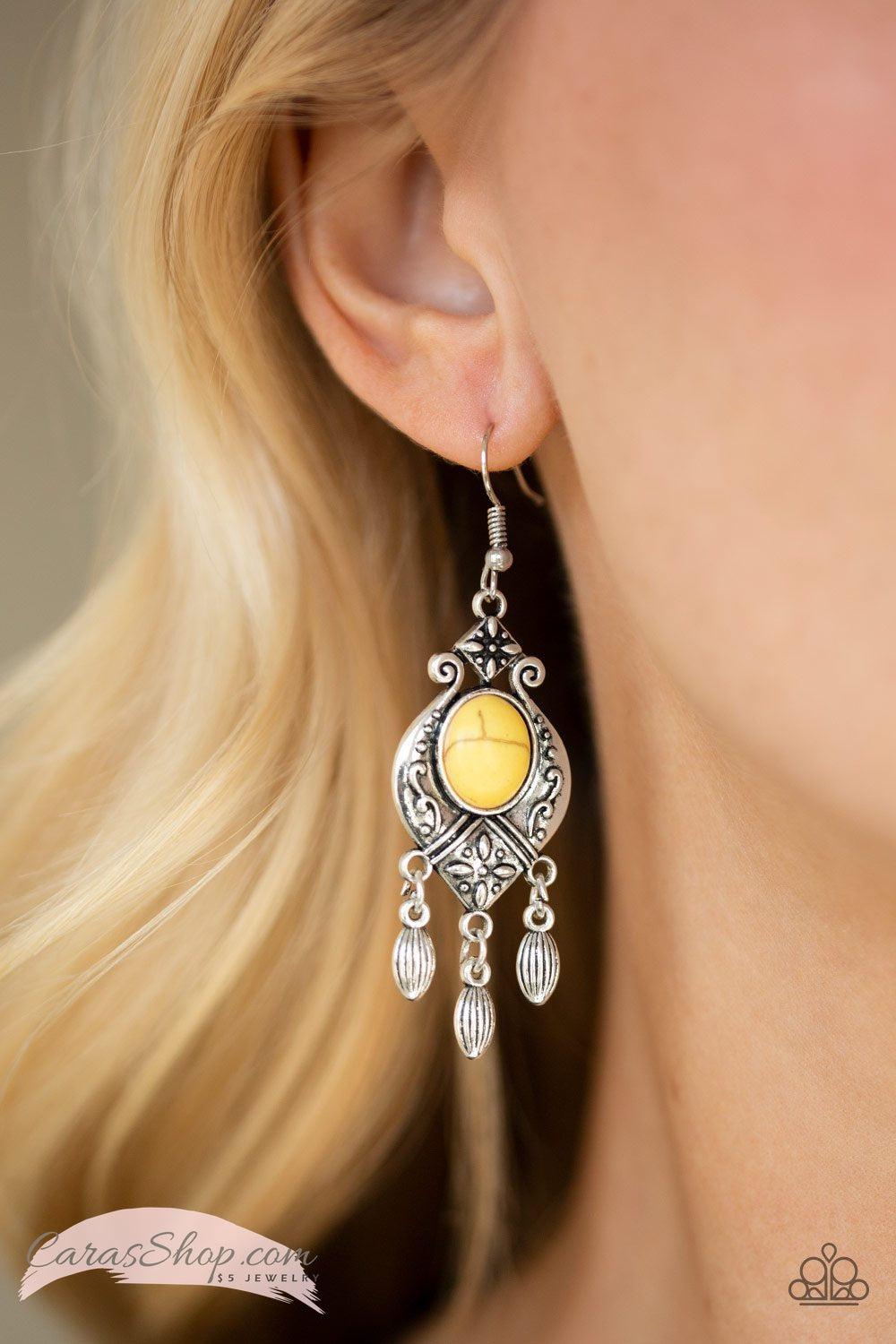 Enchantingly Environmentalist Yellow Stone Earrings - Paparazzi Accessories-CarasShop.com - $5 Jewelry by Cara Jewels