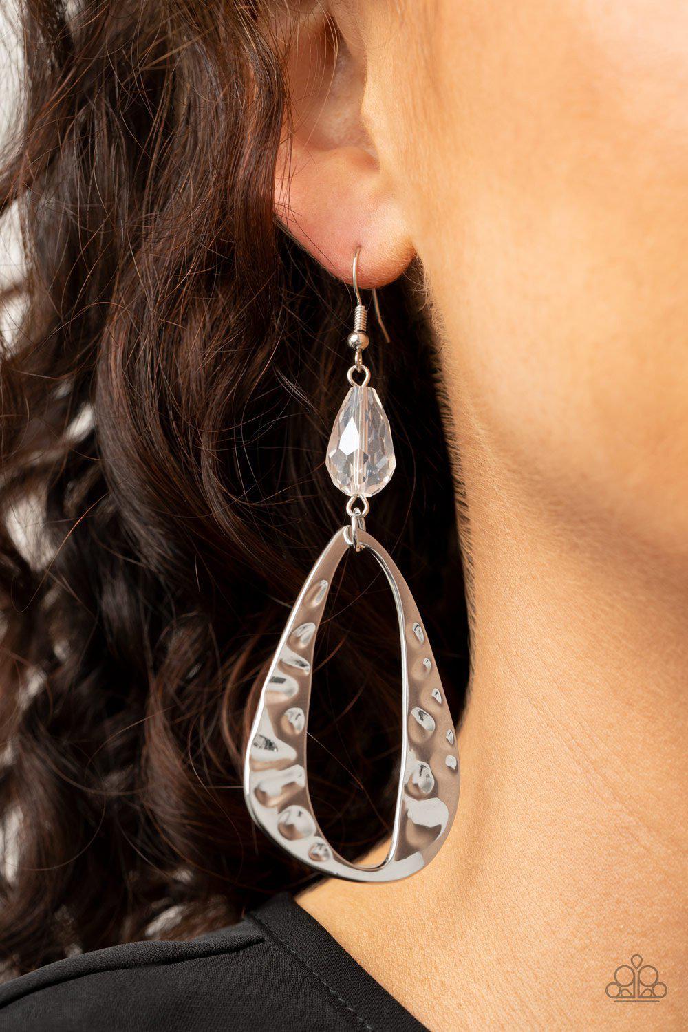 Enhanced Elegance White and Silver Earrings - Paparazzi Accessories - model -CarasShop.com - $5 Jewelry by Cara Jewels