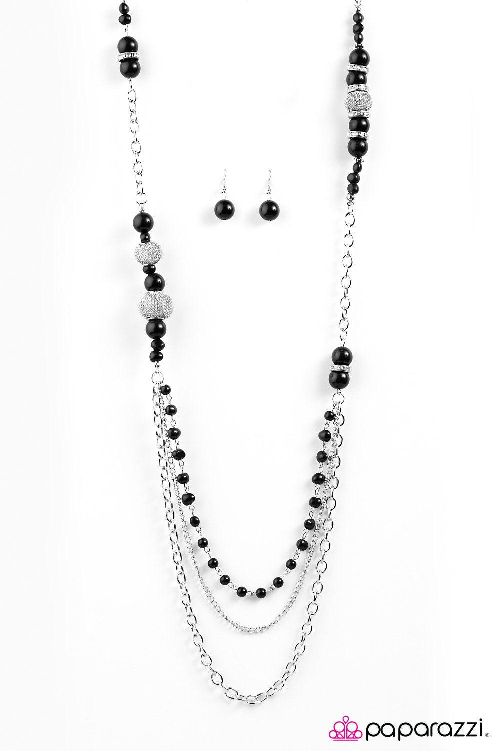 Enmeshed in Elegance Long Black and Silver Necklace and matching Earrings - Paparazzi Accessories-CarasShop.com - $5 Jewelry by Cara Jewels