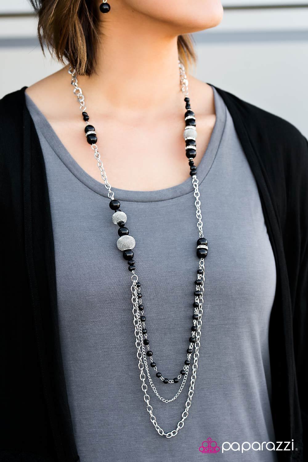 Enmeshed in Elegance Long Black and Silver Necklace and matching Earrings - Paparazzi Accessories-CarasShop.com - $5 Jewelry by Cara Jewels