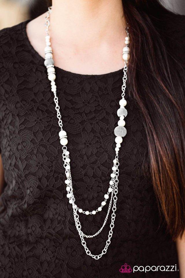 Enmeshed in Elegance Long White and Silver Necklace and matching Earrings - Paparazzi Accessories - model -CarasShop.com - $5 Jewelry by Cara Jewels
