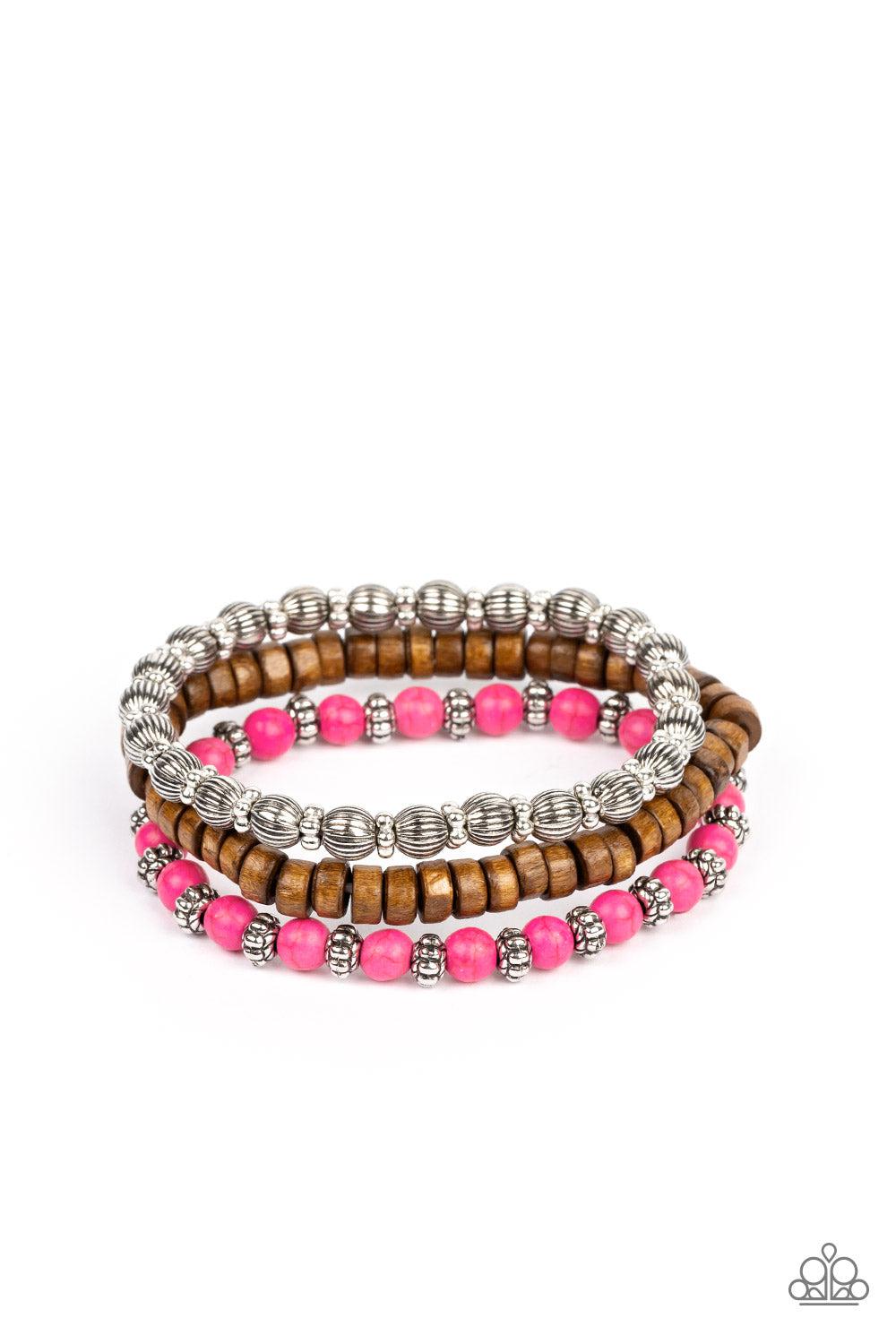 ESCAPADE Route Pink Stone & Wood Bracelet Set - Paparazzi Accessories- lightbox - CarasShop.com - $5 Jewelry by Cara Jewels