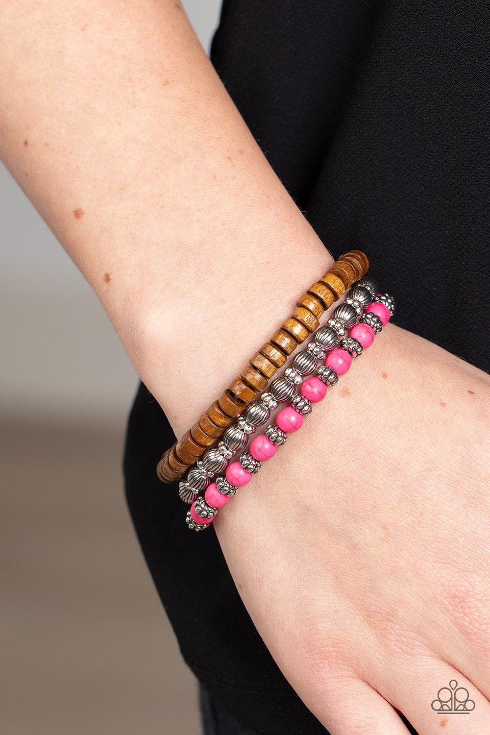 ESCAPADE Route Pink Stone &amp; Wood Bracelet Set - Paparazzi Accessories-on model - CarasShop.com - $5 Jewelry by Cara Jewels
