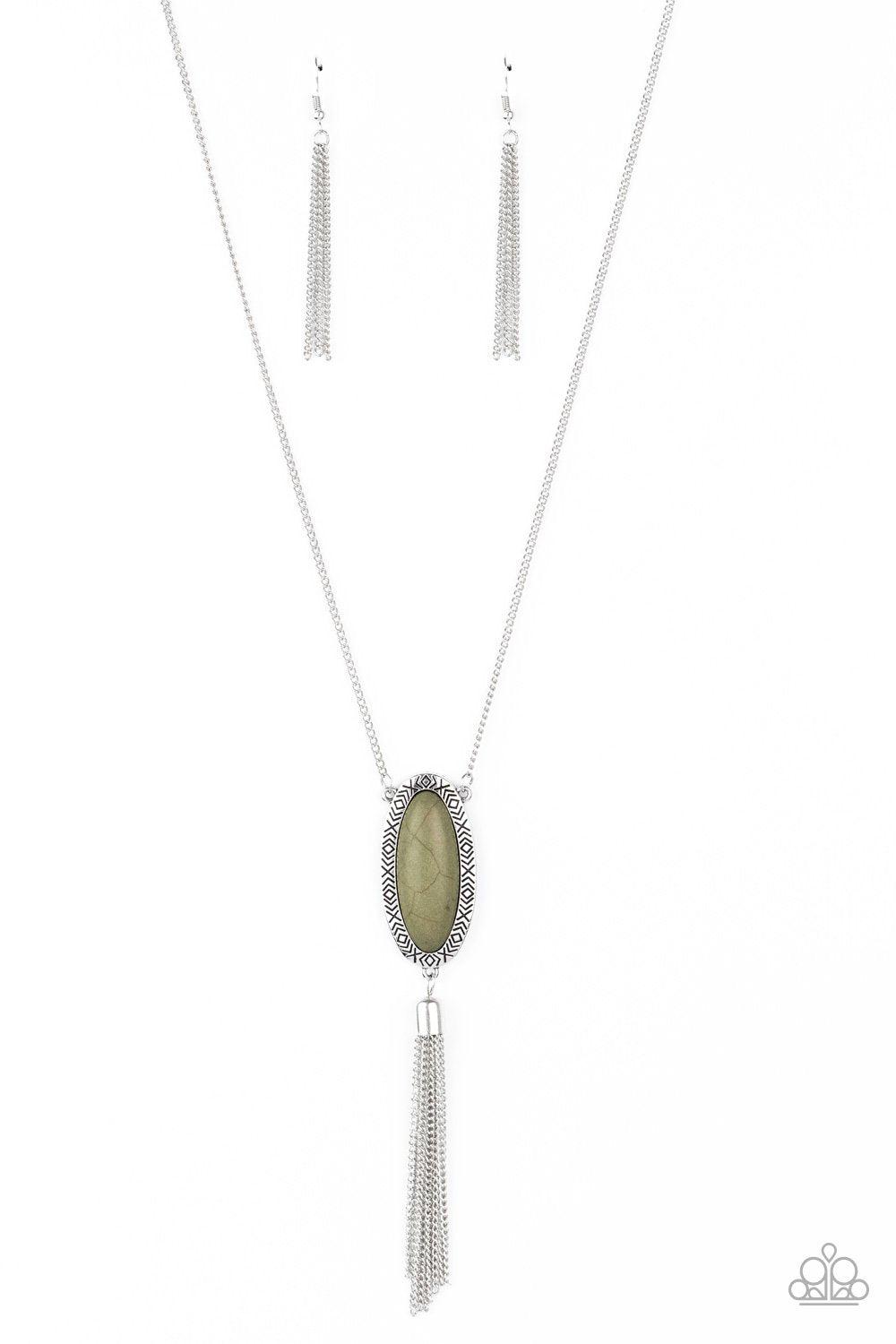 Ethereal Eden Olive Green Stone and Silver Tassel Necklace - Paparazzi Accessories-CarasShop.com - $5 Jewelry by Cara Jewels