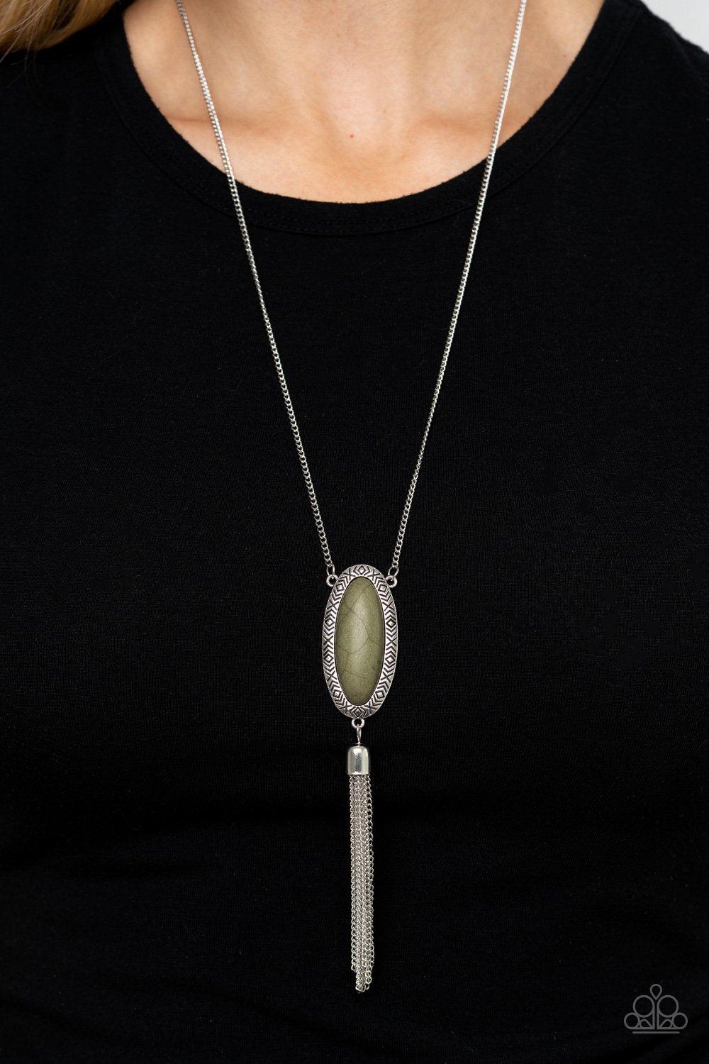 Ethereal Eden Olive Green Stone and Silver Tassel Necklace - Paparazzi Accessories-CarasShop.com - $5 Jewelry by Cara Jewels