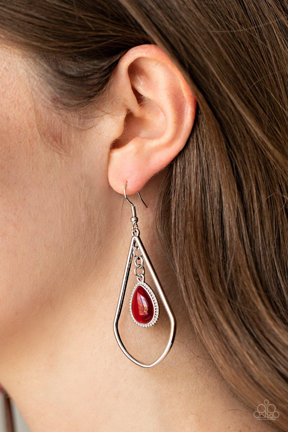 Ethereal Elegance Red Cat&#39;s Eye Teardrop Earrings - Paparazzi Accessories-CarasShop.com - $5 Jewelry by Cara Jewels