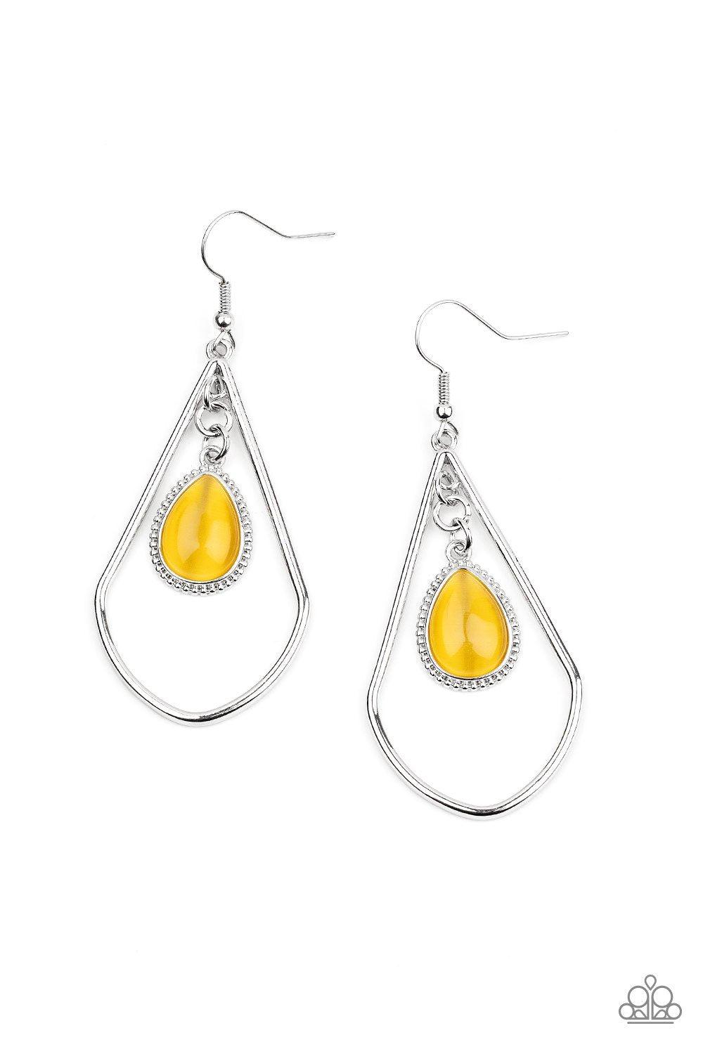 Ethereal Elegance Yellow Cat&#39;s Eye Teardrop Earrings - Paparazzi Accessories - lightbox -CarasShop.com - $5 Jewelry by Cara Jewels