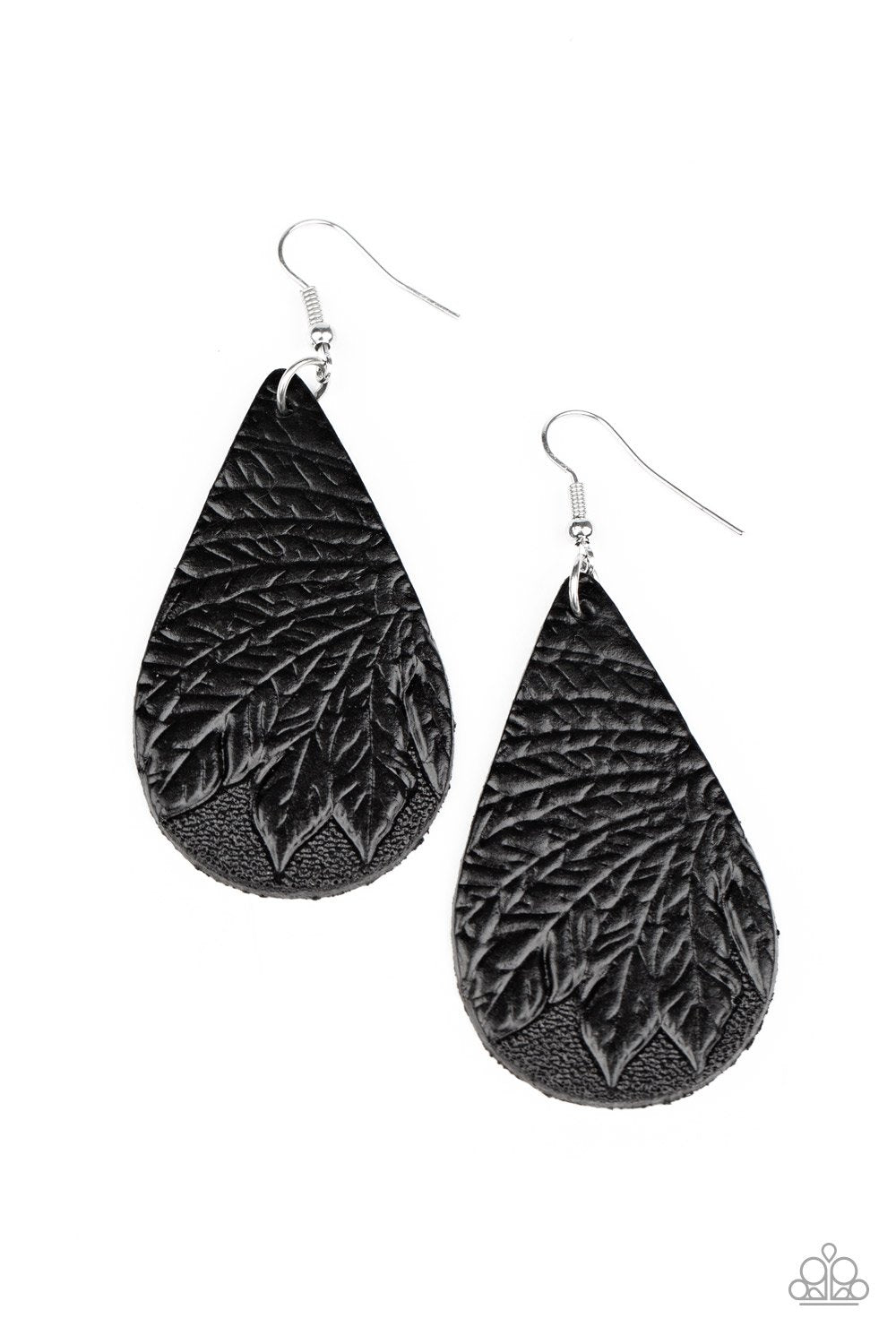 Everyone Remain PALM! Black Leather Earrings - Paparazzi Accessories - lightbox -CarasShop.com - $5 Jewelry by Cara Jewels