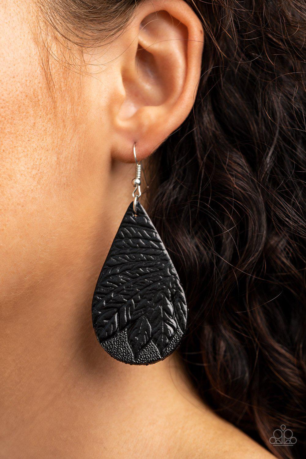 Everyone Remain PALM! Black Leather Earrings - Paparazzi Accessories - model -CarasShop.com - $5 Jewelry by Cara Jewels