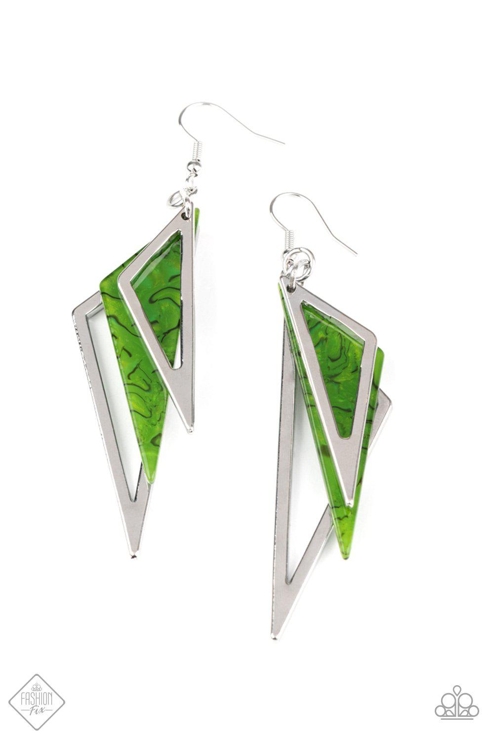 Evolutionary Edge Green Acrylic and Silver Abstract Earrings - Paparazzi Accessories-CarasShop.com - $5 Jewelry by Cara Jewels